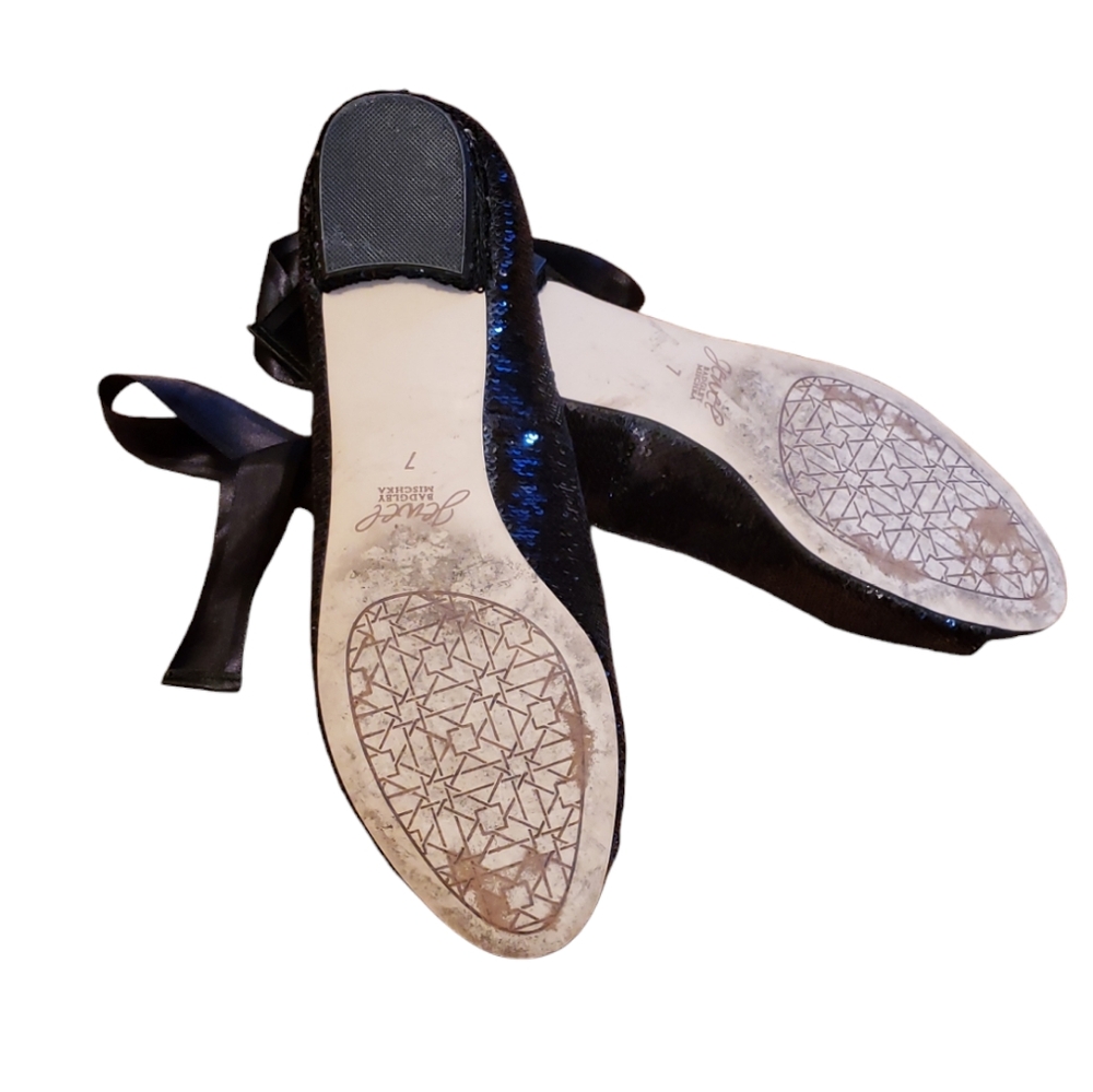 Jewel Badgley Mischka Black Sequin Open Toe Flats with Satin Bow Size 7 - Picture 5 of 5